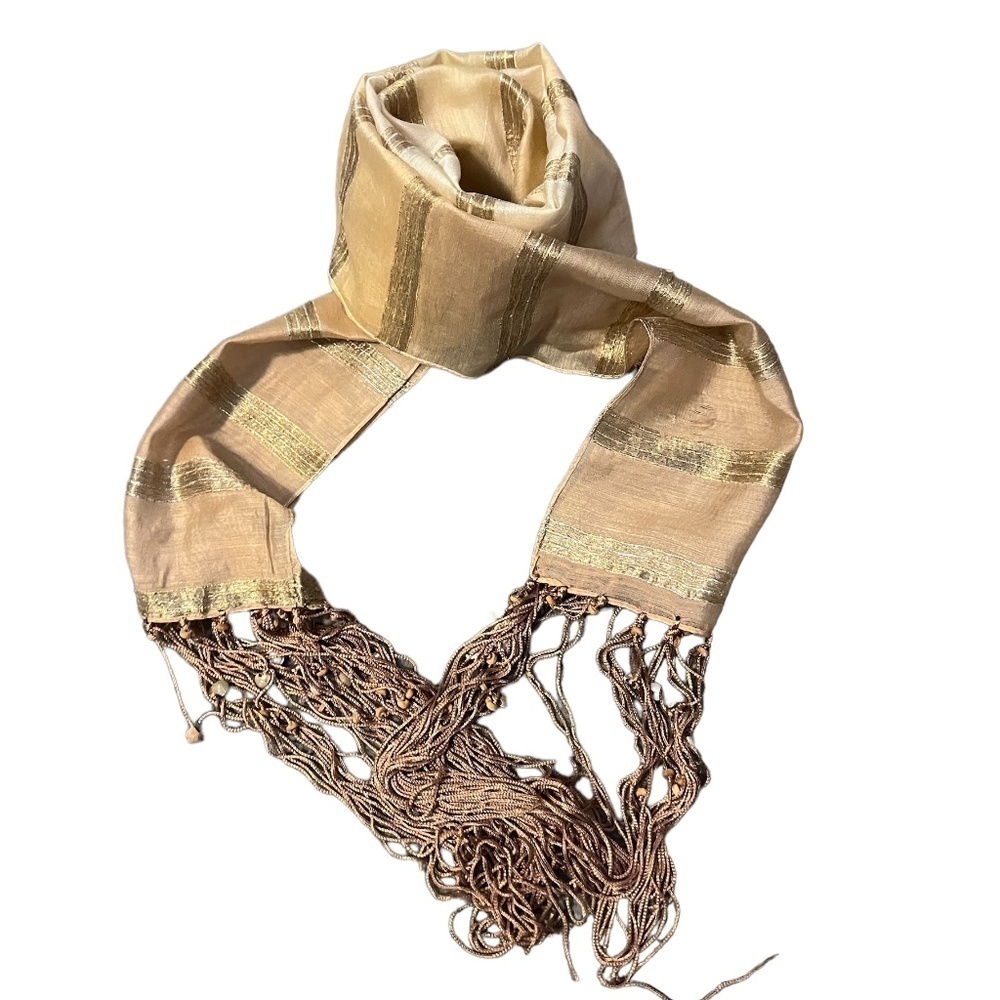 NWOT Striped Gold & Beige Print Long Fringed and Shell Silk Scarf